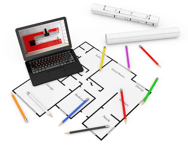 Lápices, portátil y planos del plan de proyecto de vivienda sobre un fondo blanco. Representación 3D