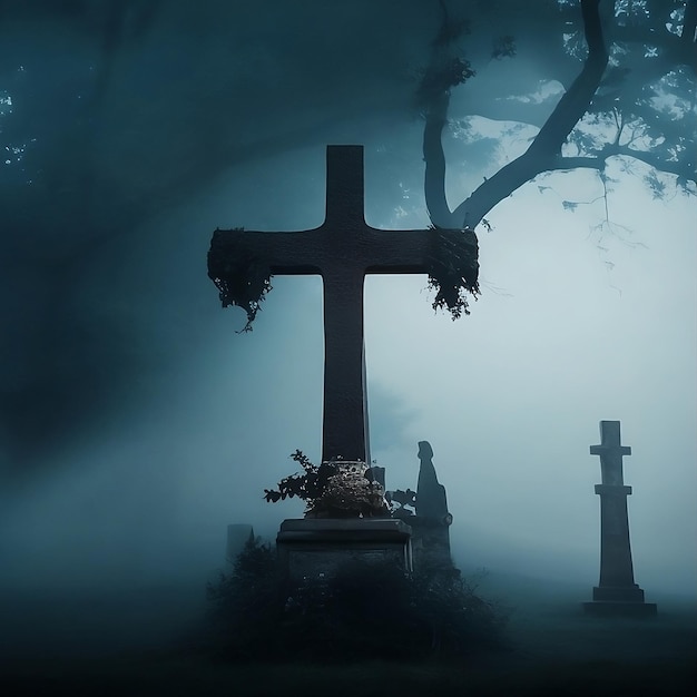 una lápida en un cementerio de niebla