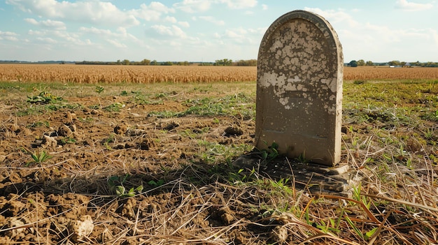 Una lápida desgastada se encuentra en un campo cubierto de vegetación la piedra es simple sin nombre ni fechas el campo está lleno de hierba alta y malezas