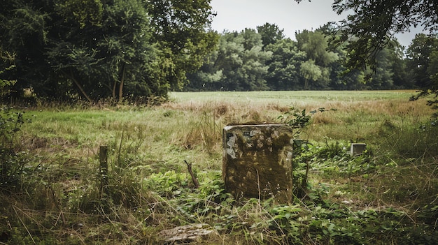 Una lápida desgastada se encuentra en un campo cubierto de vegetación. La piedra está cubierta de musgo y el campo está cubierto de hierba alta y malezas.