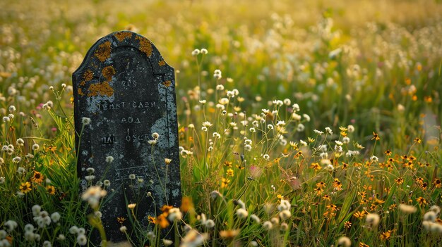 Una lápida desgastada se encuentra en un campo de flores silvestres el sol poniente arroja un caloroso resplandor sobre la escena