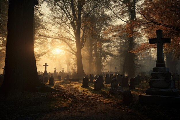 Las lápidas en un cementerio al amanecer