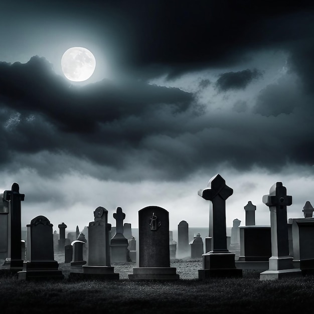 Lápidas en un cementerio oscuro y premonitorio creado con tecnología de IA generativa