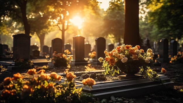 Lápidas y flores en el cementerio al atardecer Concepto de funeral