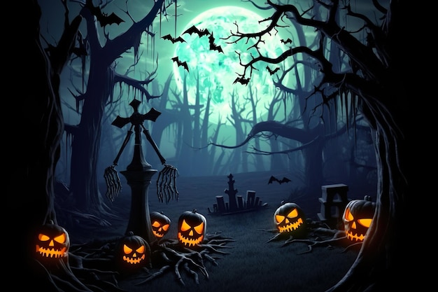 Lápides antigas do cemitério de Halloween, árvores sem folhas assustadoras, lua cheia na noite de Halloween