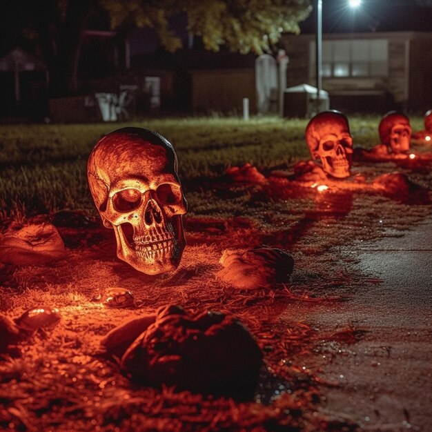 Foto lápides e crânios iluminados por luz vermelha no chão