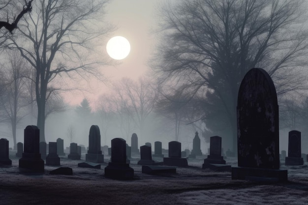 Lápides no cenário de lua cheia do cemitério nebuloso criadas com IA generativa