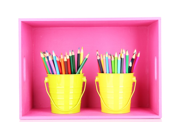 Lápis coloridos em baldes na prateleira isolados no branco