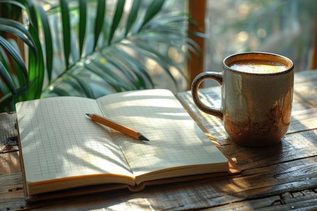 Lápis de caderno em branco e caneca de café em uma mesa de madeira