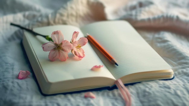 Lápis de caderno em branco e flores de orquídea em um fundo de papel artesanal texturizado