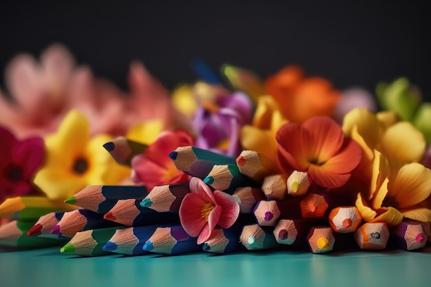 Lápis de cor com flores Cores de flores de primavera geradas por IA