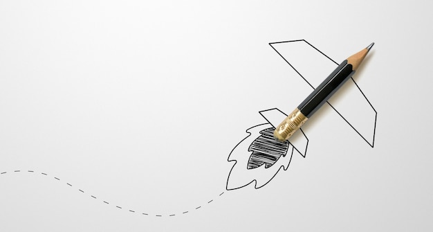 Lápis de cor preta com foguete de contorno em fundo de papel branco. conceito de ideias de inspiração de criatividade