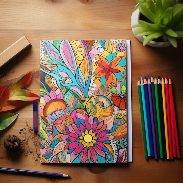 Foto lápis de cores brilhantes e um caderno em uma mesa de madeira