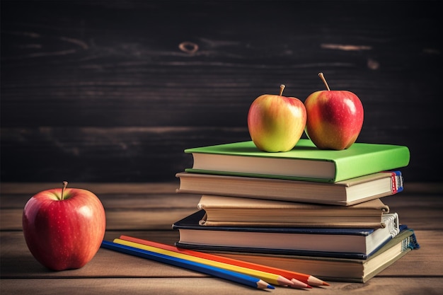 Lápis e livros e maçã coloridos da sala de aula da escola na mesa