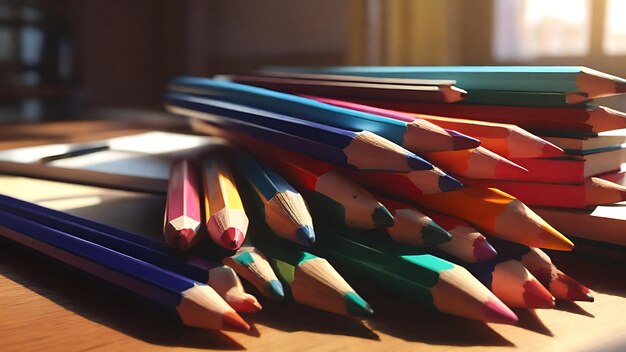 Foto lápis e livros escolares na mesa materiais escolares