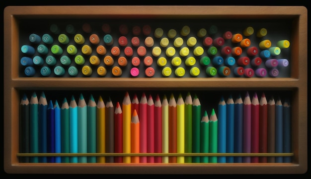 Lápis multicoloridos sobre fundo de madeira fecham IA generativa
