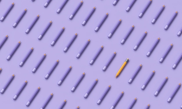 Lápiz amarillo sobresaliente entre fondo de lápiz púrpura