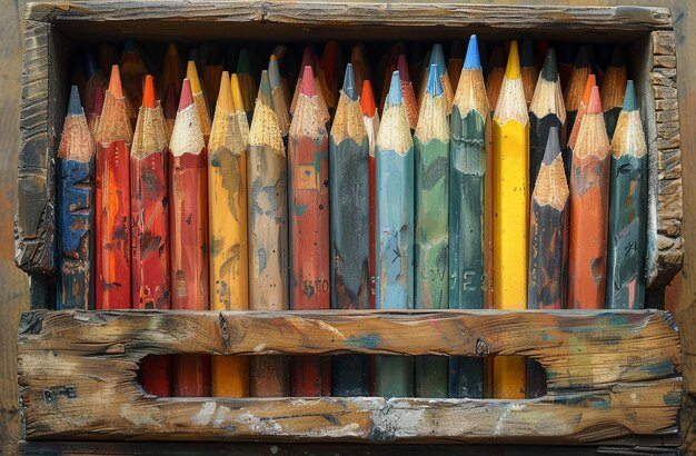 Foto lápiz de colores en caja de madera