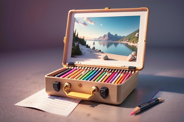 Foto lápiz de colores diseño de forma de lápiz estuche papel tapiz de fondo ilustración idea creativa
