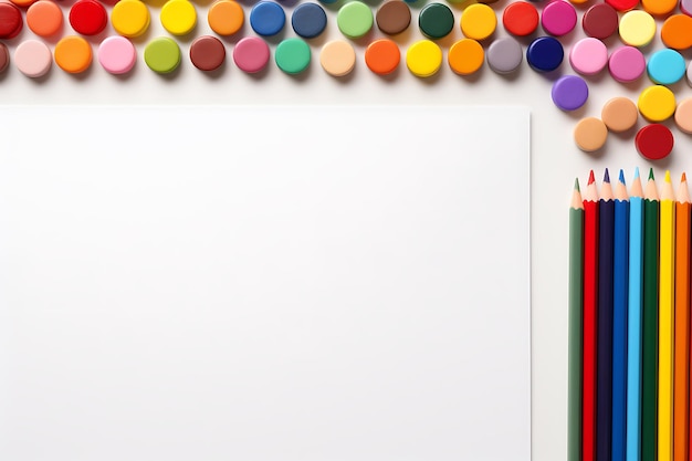 Lápiz de colores y una hoja blanca de papel sobre un fondo blanco