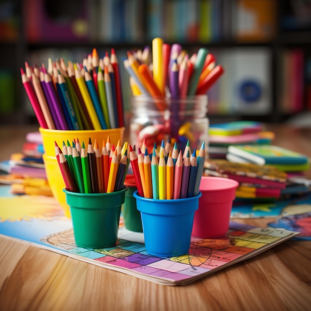 Lápiz de colores en una taza colocada en una mesa en el interior de un jardín de infantes IA generativa