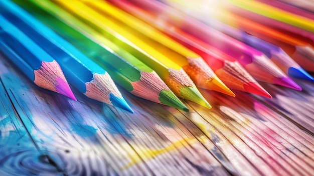 Lápiz de colores vívidos dispuestos en una mesa de madera de época para la inspiración creativa