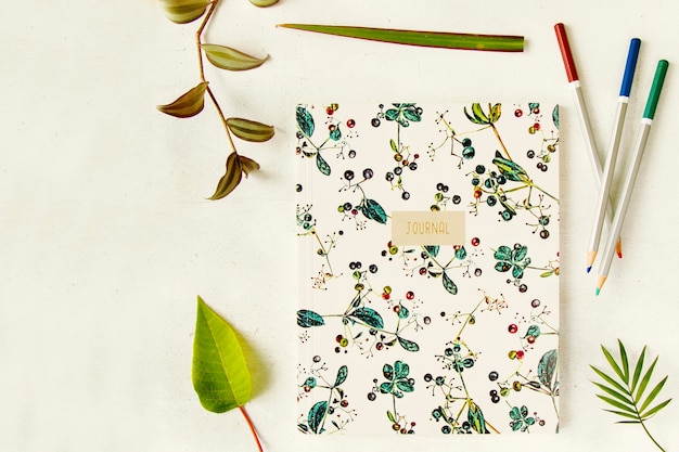 Lápiz de cuaderno y plantas en el fondo blanco estudio disparó cosas de papelería de colores