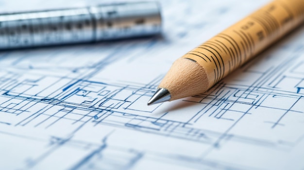 El lápiz descansa en el diseño del plan arquitectónico