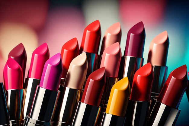 Lápiz labial brillante de diferentes colores tonos de lápiz labial de color para labios Herramienta de maquillaje profesional fondo borroso