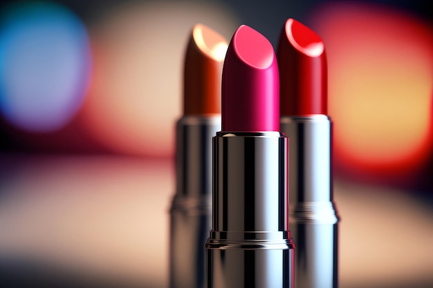 Lápiz labial brillante de diferentes colores tonos de lápiz labial de color para labios Herramienta de maquillaje profesional fondo borroso