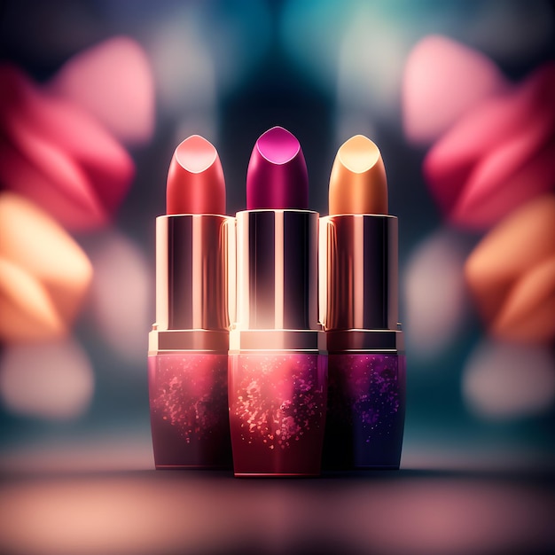 Lápiz labial brillante de diferentes colores tonos de lápiz labial de color para labios Herramienta de maquillaje profesional fondo borroso