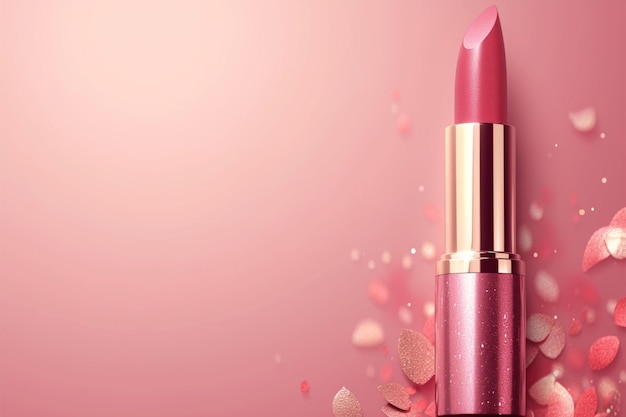 El lápiz labial de elegancia rosada exhibido en un fondo rosado con espacio de copia