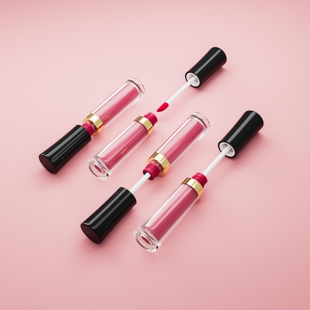 Lápiz labial líquido y aplicador Conjunto sobre fondo de color rosa Tubo abierto de brillo de labios y cepillo de varita