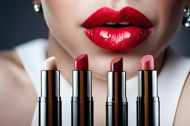 Lápiz labial marrón rojo rosa y una boca roja en el fondo Creado con Ai generativo