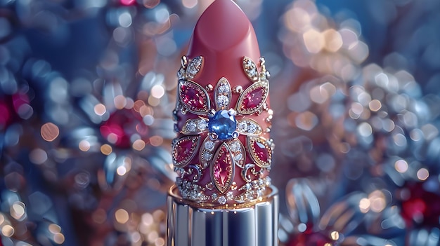 Un lápiz labial rojo con una carcasa de oro adornada con rubíes ametistas y diamantes