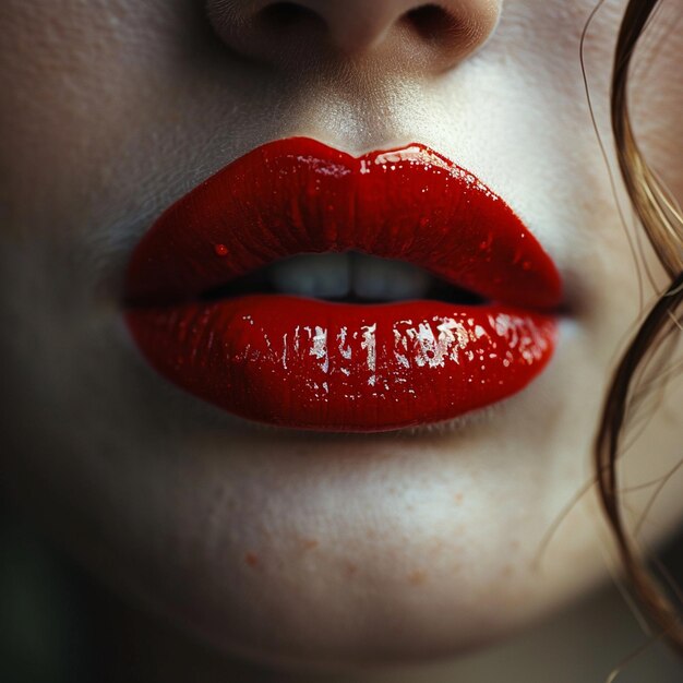 Foto el lápiz labial rojo en los labios de la mujer