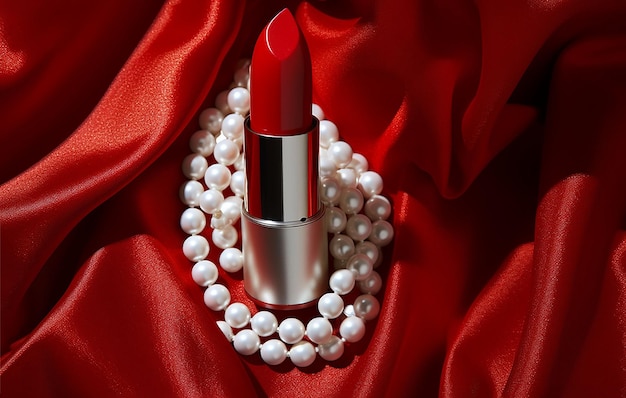 Un lápiz labial rojo con perlas blancas sobre un paño rojo. Elegante cartel de lujo.