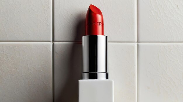 El lápiz labial rojo sobre fondo blanco del baño exuda elegancia