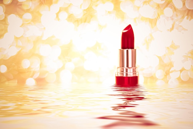 Lápiz labial rojo sobre fondo dorado maquillaje y producto cosmético