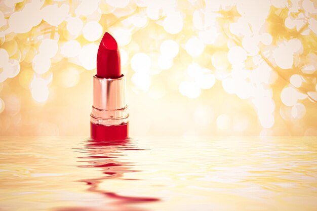 Lápiz labial rojo sobre fondo dorado maquillaje y producto cosmético