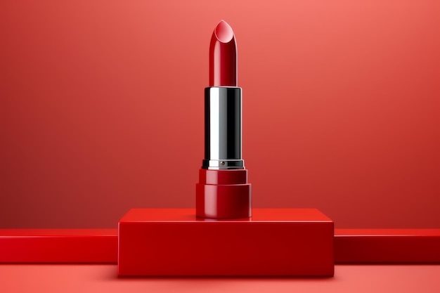 Lápiz labial rojo sobre un fondo rojo minimalista Composición creativa monocromática generada por IA