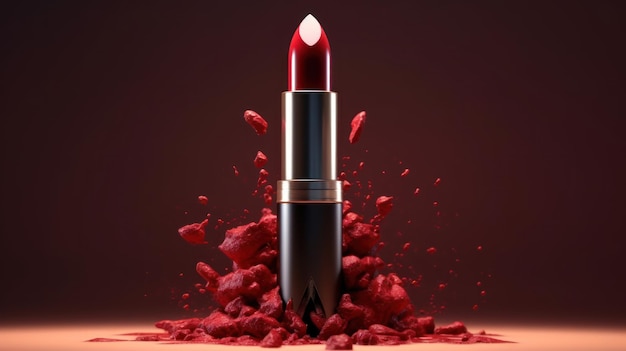 Un lápiz labial rojo con un tono rojo blanco sale del marco