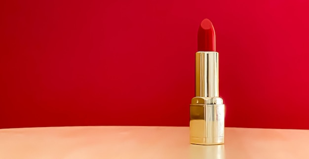 Lápiz labial rojo en tubo dorado sobre fondo de color maquillaje de lujo y cosméticos para el diseño de productos de marca de belleza