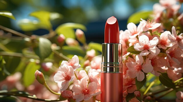 Foto lápiz labial rojo con un verde y flores en el fondo