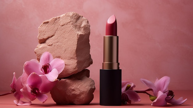 lápiz labial de rosa en un fondo blanco con flores rosadas