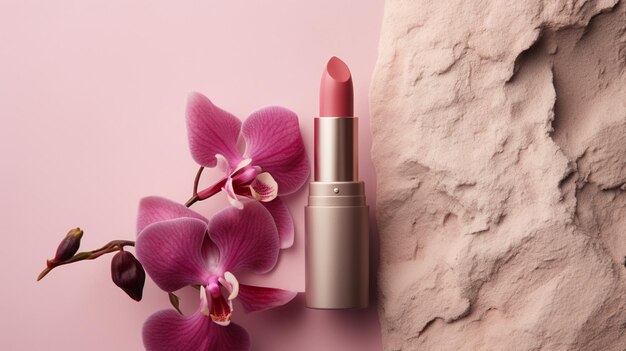 lápiz labial de rosa en un fondo blanco con flores rosadas