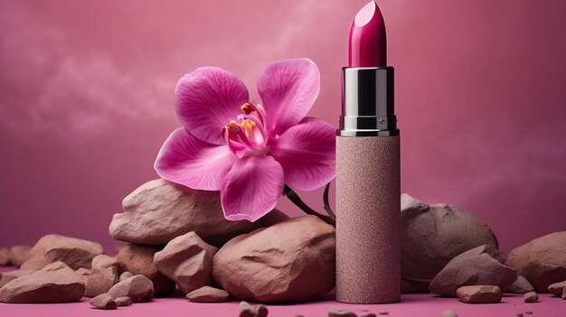 lápiz labial de rosa en un fondo blanco con flores rosadas