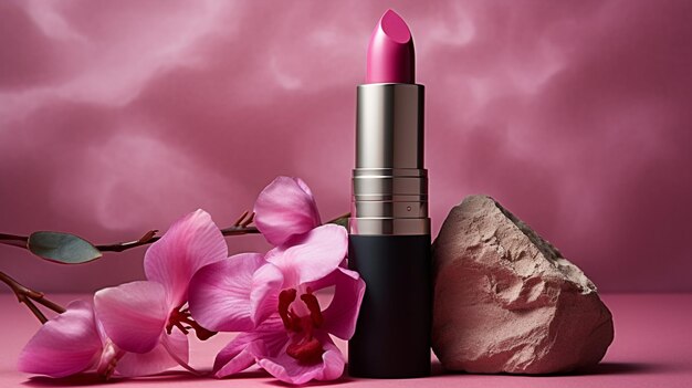 lápiz labial de rosa en un fondo blanco con flores rosadas