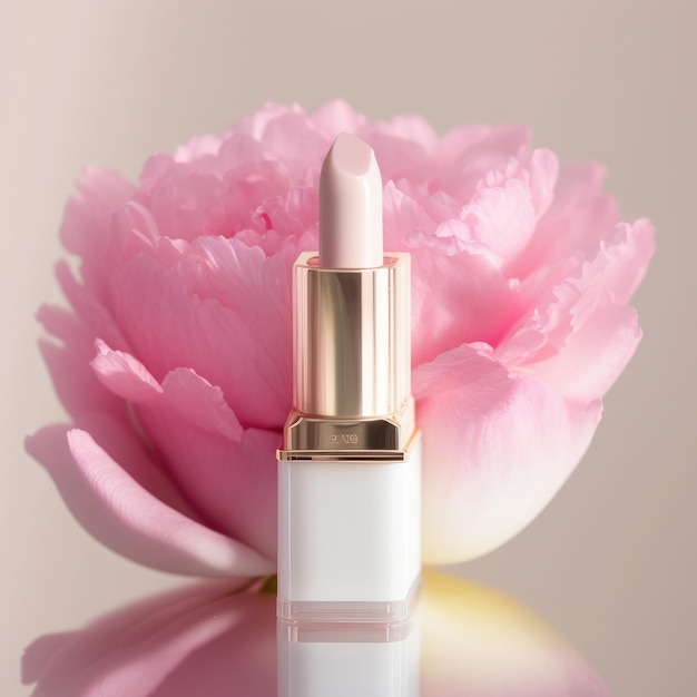 Lápiz labial rosa con ilustración de flores AI generativa