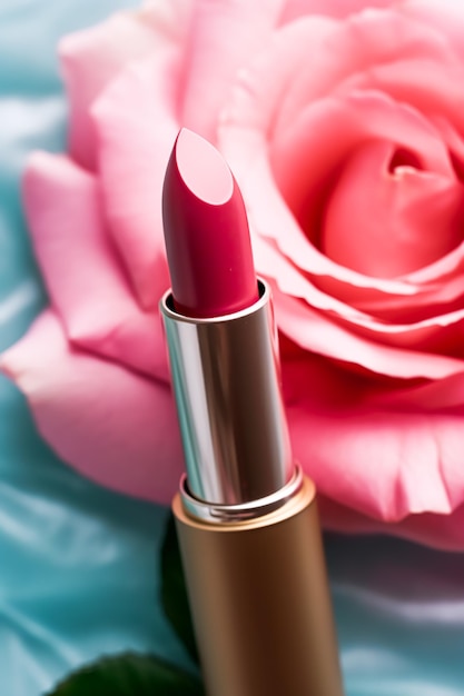 Lápiz labial rosa en un tubo dorado y flor rosa flor belleza cosmético y producto de maquillaje generativo ai